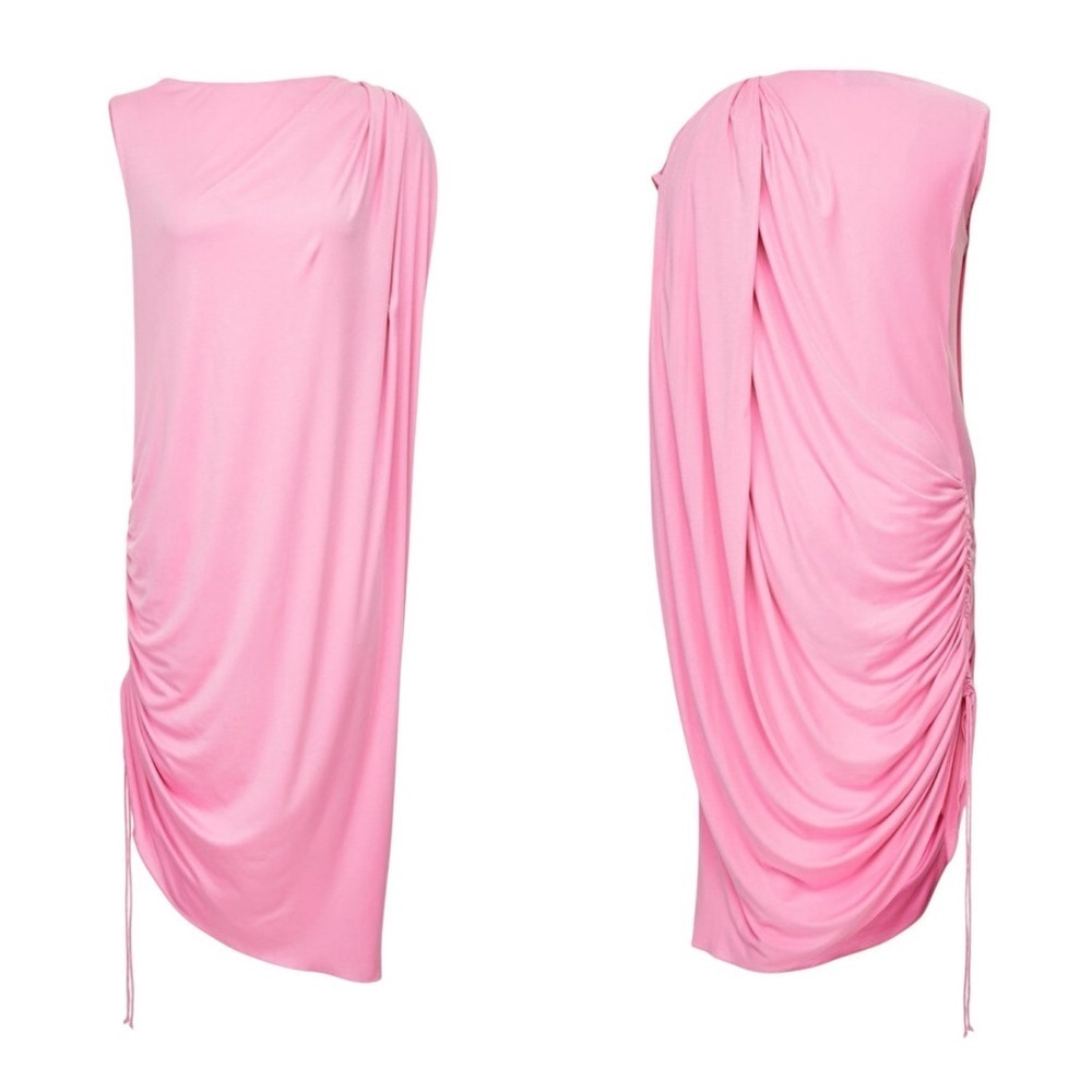 Marina Moscone Geranium Pink Draped Asym Midi Dress NWT Size 10